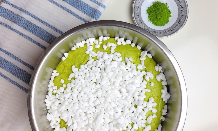 Matcha Liege waffle dough with pearl sugar